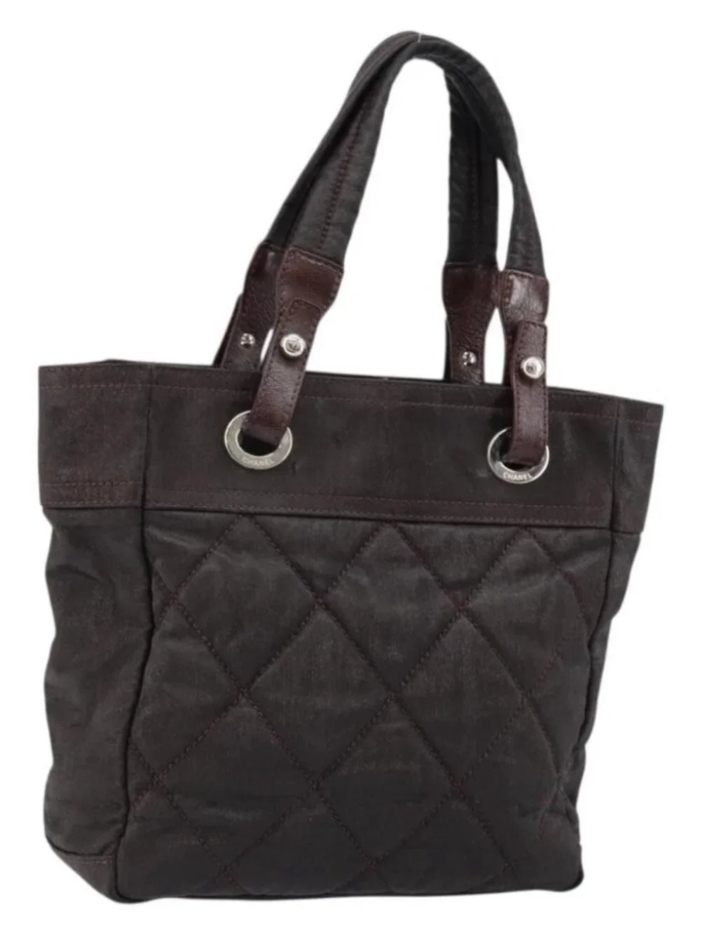 CHANEL Paris Biarritz Tote Bag Coated Canvas Dark Brown Silver CC Auth bs29897